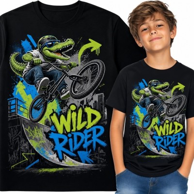 Koszulka chłopięca z krokodylem na BMX-ie „Wild Rider” - streetwearowy wzór