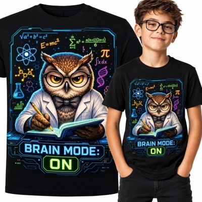 Koszulka chłopięca z sową naukowcem „Brain Mode: On” - neonowy wzór