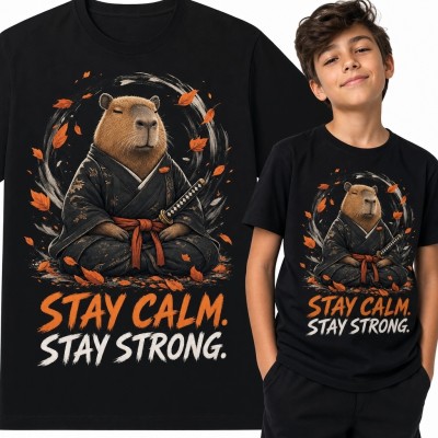 Koszulka chłopięca „Stay Calm. Stay Strong.” - kapibara w roli samuraja