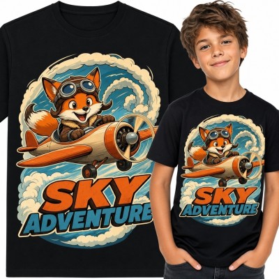 Koszulka chłopięca z lisem pilotem i napisem „Sky Adventure” - pomarańczowy samolot