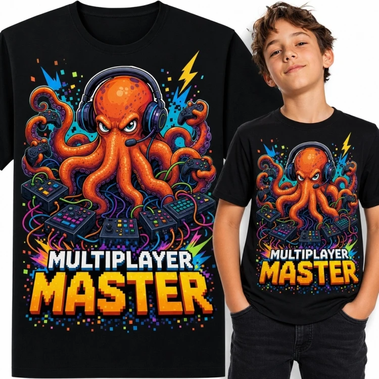 Koszulka chłopięca dla gracza z ośmiornicą „Multiplayer Master” - wzór gamingowy