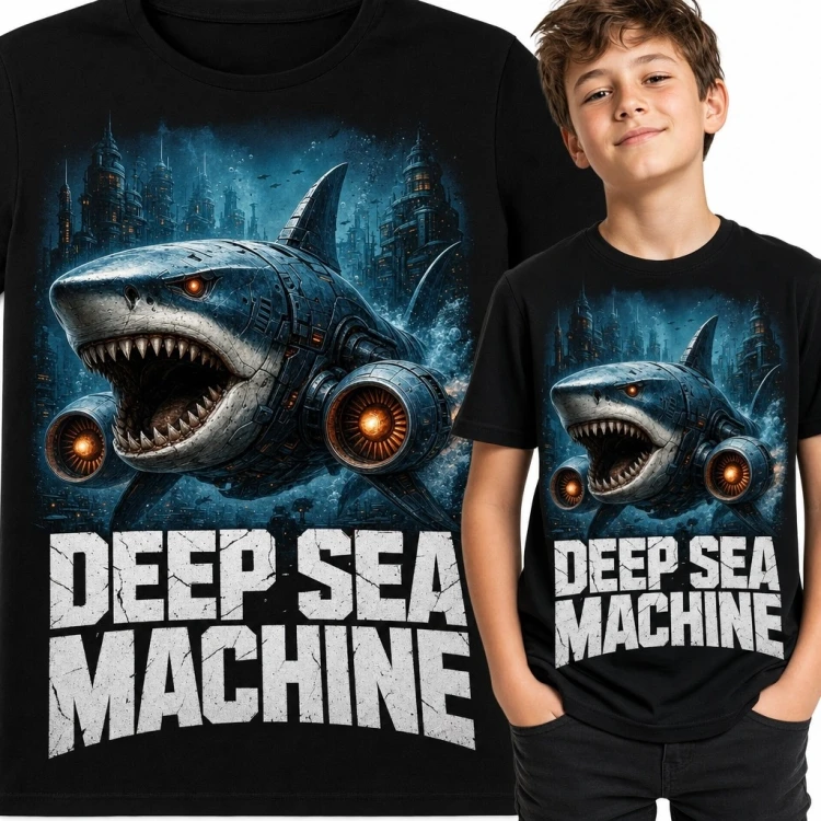Koszulka chłopięca z mechanicznym rekinem „Deep Sea Machine” - science fiction