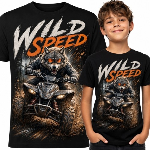 Koszulka chłopięca z wilkiem na quadzie „Wild Speed” - off-road
