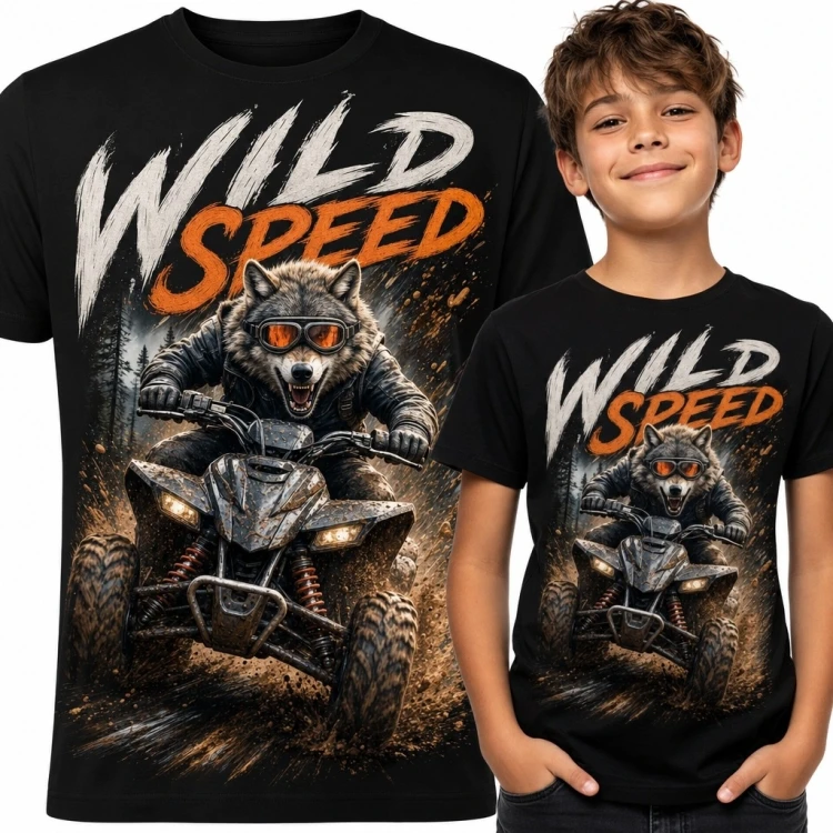 Koszulka chłopięca z wilkiem na quadzie „Wild Speed” - off-road