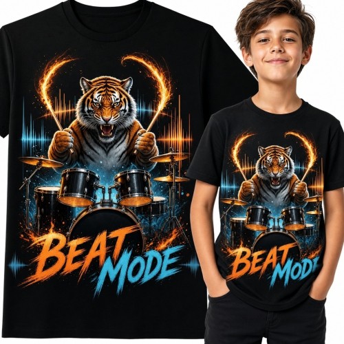 Koszulka chłopięca z tygrysem perkusistą „Beat Mode” - muzyczny nadruk