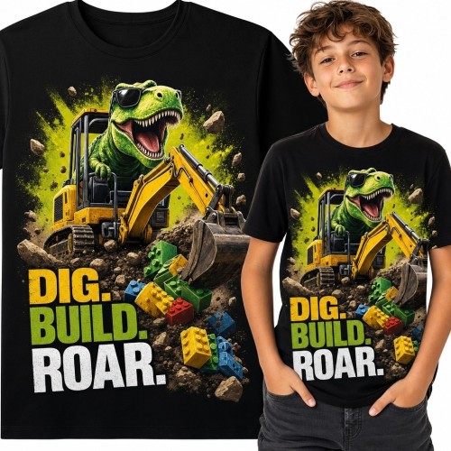 Koszulka chłopięca z T-rexem na koparce „Dig. Build. Roar.” - dinozaury i budowanie