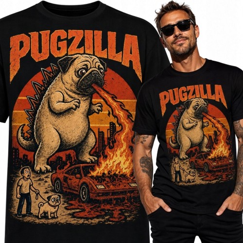 Koszulka męska „Pugzilla” z mopsem kaiju - humor retro