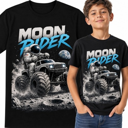 Koszulka chłopięca z astronautą w monster trucku „Moon Rider” - kosmos i off-road