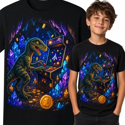 Koszulka chłopięca z dinozaurem przy automacie arcade - neonowa jaskinia