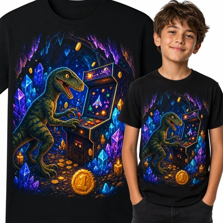 Koszulka chłopięca z dinozaurem przy automacie arcade - neonowa jaskinia