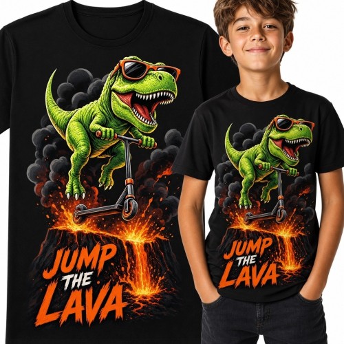 Koszulka chłopięca z T-Rexem na hulajnodze „Jump the Lava”