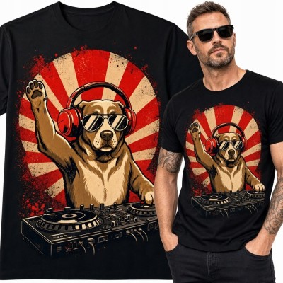 Koszulka męska z psem DJ-em w słuchawkach - muzyczny wzór retro