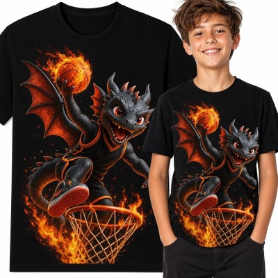 Koszulka chłopięca ze smokiem wykonującym ognisty wsad - koszykówka fantasy