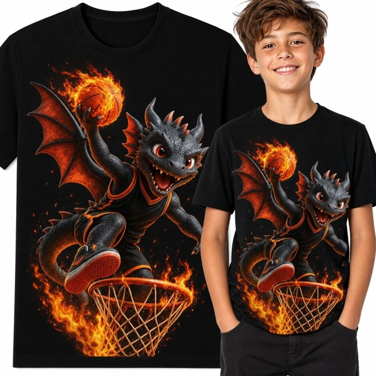 Koszulka chłopięca ze smokiem wykonującym ognisty wsad - koszykówka fantasy