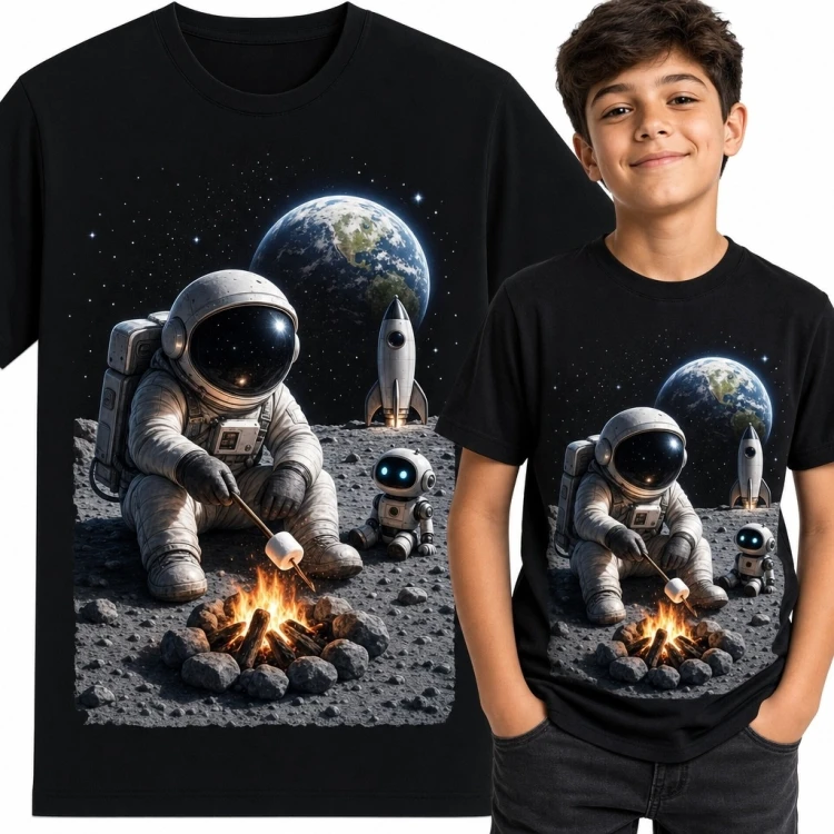 Koszulka chłopięca z astronautą przy ognisku na Księżycu - kosmiczny biwak