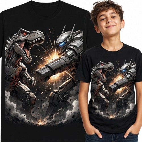 Koszulka chłopięca z cybernetycznym T-Rexem i bojowym mechem