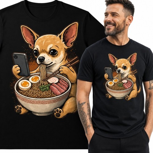 Koszulka męska z chihuahuą jedzącym ramen - humorystyczny motyw ze smartfonem