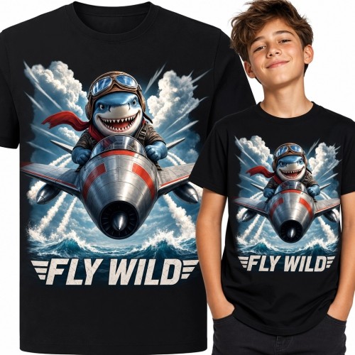 Koszulka chłopięca z rekinem pilotem „Fly Wild” - podniebna przygoda