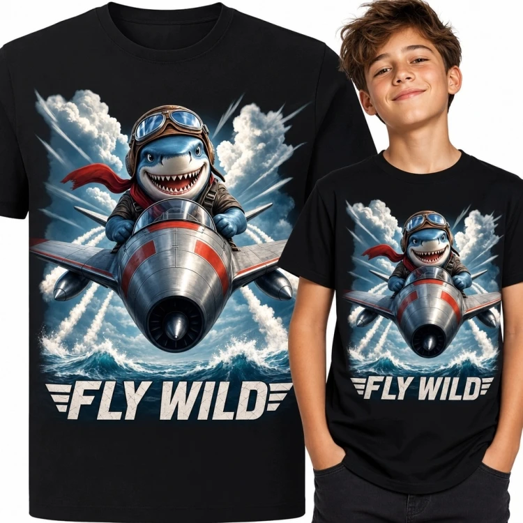 Koszulka chłopięca z rekinem pilotem „Fly Wild” - podniebna przygoda