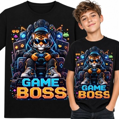 Koszulka chłopięca dla gracza „Game Boss” z rudym kotem
