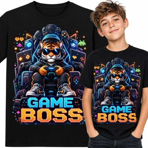 Koszulka chłopięca dla gracza „Game Boss” z rudym kotem