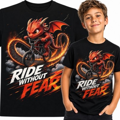 Koszulka chłopięca ze smokiem na BMX-ie „Ride Without Fear” - ognista jazda