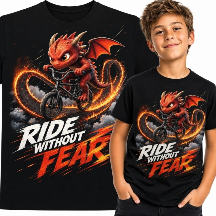 Koszulka chłopięca ze smokiem na BMX-ie „Ride Without Fear” - ognista jazda