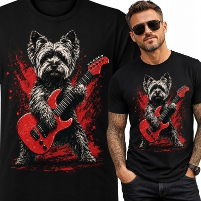 Koszulka męska z kudłatym psem grającym na czerwonej gitarze - rockowy nadruk