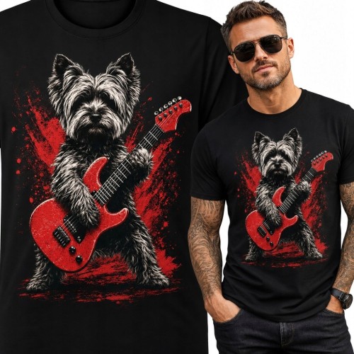 Koszulka męska z kudłatym psem grającym na czerwonej gitarze - rockowy nadruk