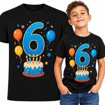 Koszulka chłopięca „6” na 6 urodziny - tort, balony i konfetti