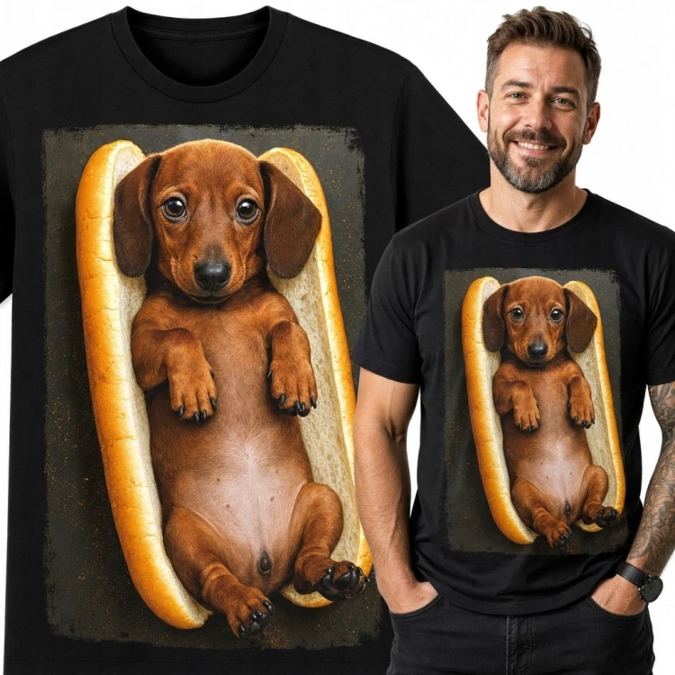 Koszulka męska z jamnikiem w bułce hot doga - zabawny psi motyw