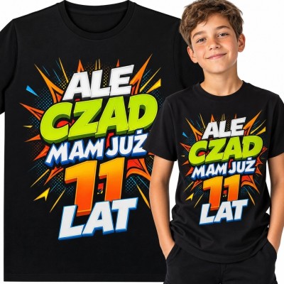 Koszulka chłopięca na 11 urodziny „Ale czad, mam już 11 lat” - zielono-pomarańczowy nadruk pop-art