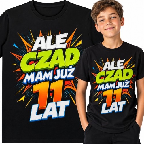 Koszulka chłopięca na 11 urodziny „Ale czad, mam już 11 lat” - zielono-pomarańczowy nadruk pop-art