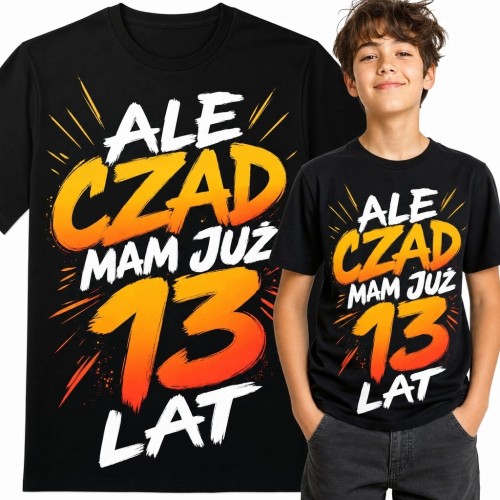 Koszulka chłopięca na 13 urodziny „Ale czad, mam już 13 lat” - dynamiczny wzór