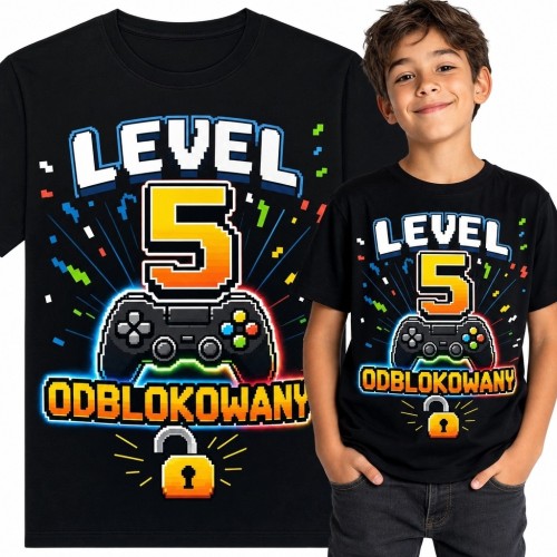 Koszulka chłopięca na 5 urodziny „Level 5 odblokowany” - gamingowy kontroler