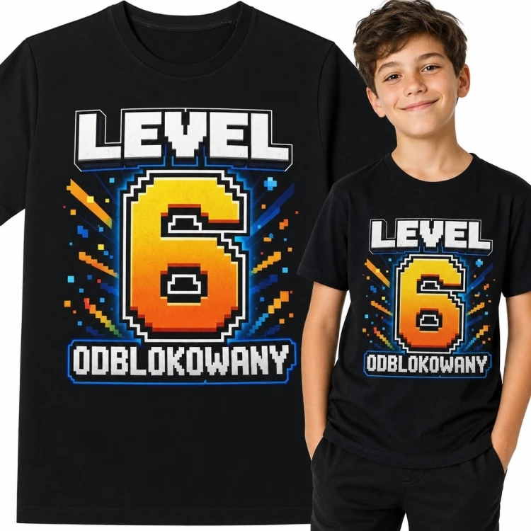Koszulka chłopięca na 6 urodziny - gamingowy nadruk „Level 6 odblokowany”