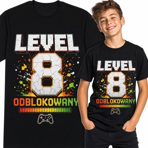 Koszulka chłopięca „Level 8 odblokowany” dla gracza na 8 urodziny - kontroler
