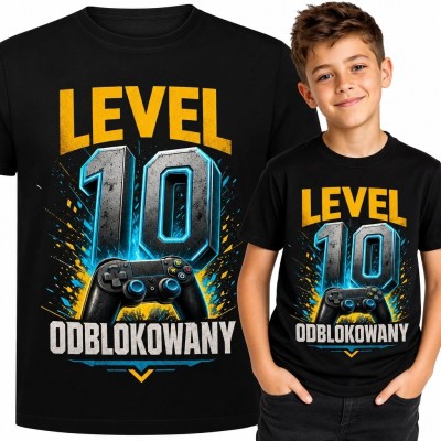 Koszulka chłopięca na 10 urodziny „Level 10 Odblokowany” - gamingowy kontroler