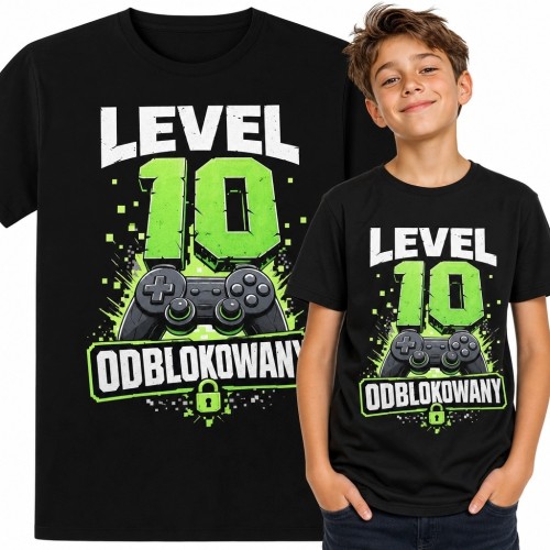 Koszulka chłopięca na 10 urodziny „Level 10 odblokowany” - kontroler i pikselowy rozprysk