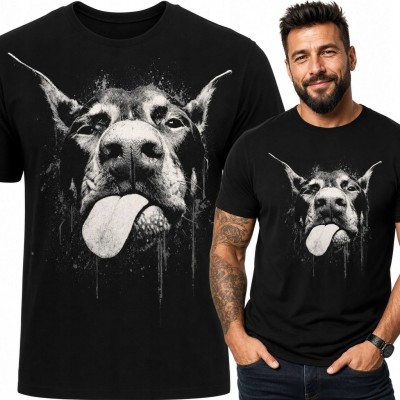 Koszulka męska z psem przypominającym dobermana - streetwear splatter