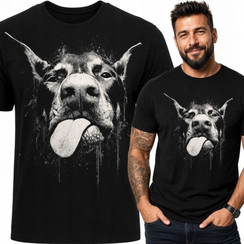 Koszulka męska z psem przypominającym dobermana - streetwear splatter