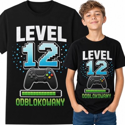 Koszulka chłopięca na 12 urodziny „Level 12 odblokowany” - gamingowy motyw