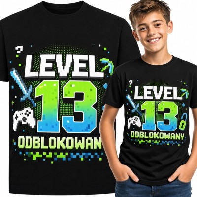 Koszulka chłopięca gamingowa na 13 urodziny z pikselową liczbą 13 - „Level 13 odblokowany!”