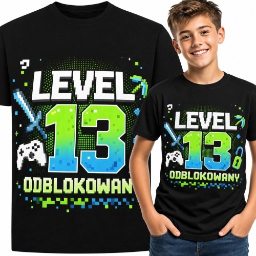 Koszulka chłopięca gamingowa na 13 urodziny z pikselową liczbą 13 - „Level 13 odblokowany!”