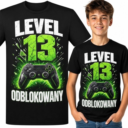 Koszulka chłopięca na 13 urodziny „Level 13 odblokowany” - gamingowy kontroler