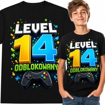 Koszulka chłopięca na 14 urodziny - gamingowy nadruk „Level 14 Odblokowany”