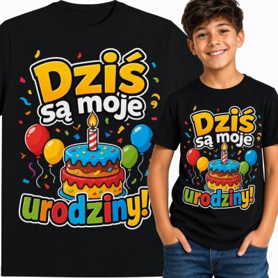 Koszulka chłopięca „Dziś są moje urodziny!” - tort, balony i konfetti