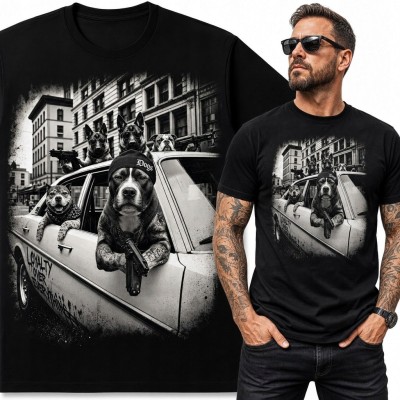 Koszulka męska z gangsterską ekipą psów w samochodzie - streetwear