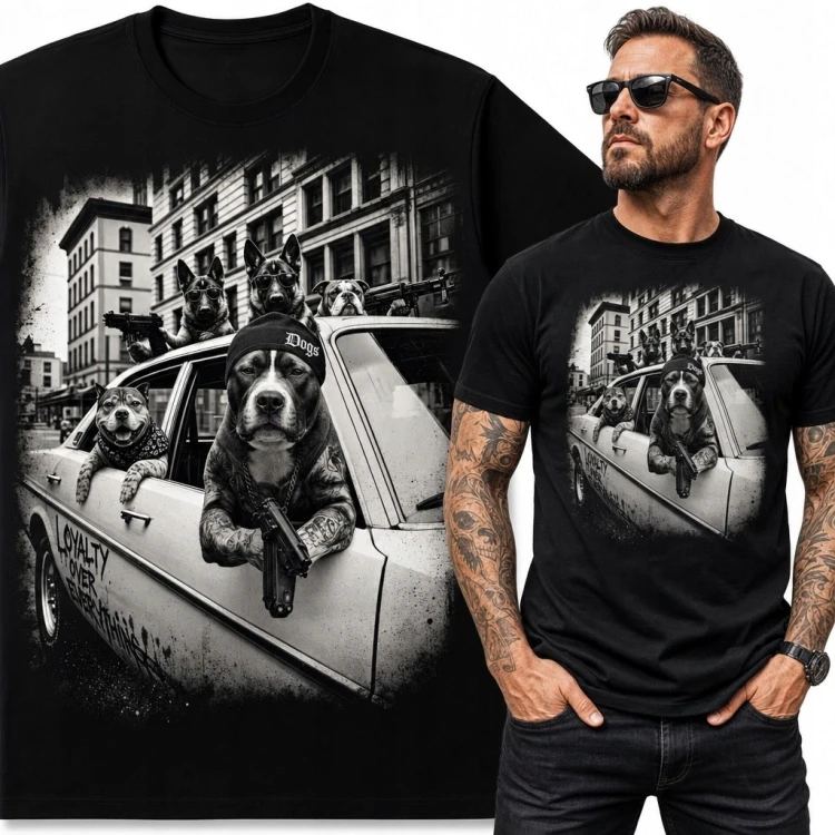 Koszulka męska z gangsterską ekipą psów w samochodzie - streetwear