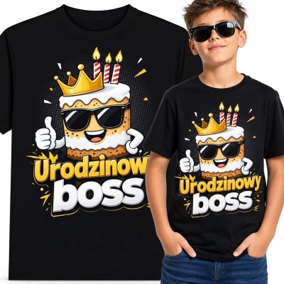 Koszulka chłopięca na urodziny z tortem „Urodzinowy boss” - czarna